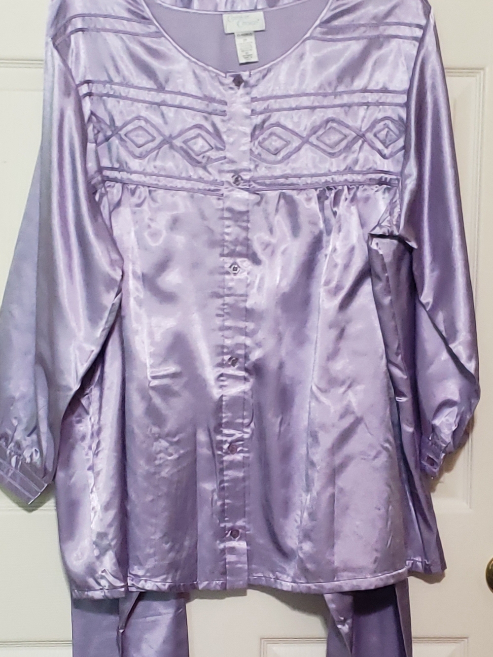 Lavender Satin Button-Front Pajama Set with Embroidered Yoke